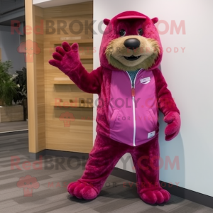 Magenta Beaver mascot costume character dressed with a Bootcut Jeans and Foot pads