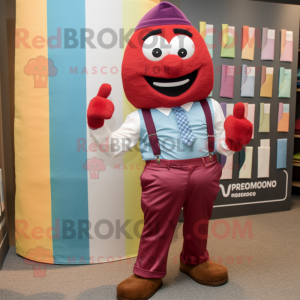 Maroon Rainbow mascot costume character dressed with a Chambray Shirt and Pocket squares