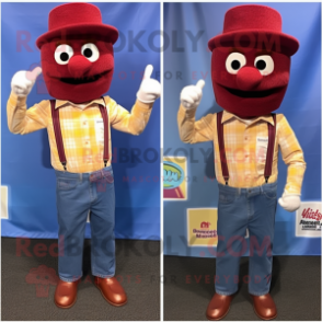 Maroon Rainbow mascot costume character dressed with a Chambray Shirt and Pocket squares