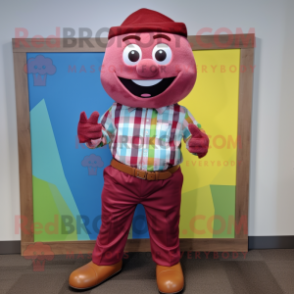 Maroon Rainbow mascot costume character dressed with a Chambray Shirt and Pocket squares