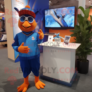 Orange Blue Jay mascot costume character dressed with a Bodysuit and Lapel pins