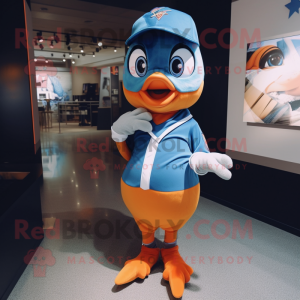 Orange Blue Jay mascot costume character dressed with a Bodysuit and Lapel pins