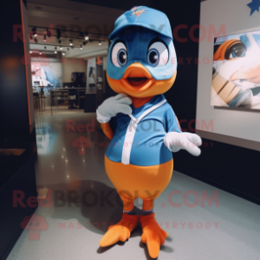 Orange Blue Jay mascot costume character dressed with a Bodysuit and Lapel pins