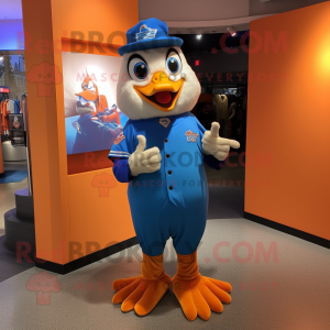 Orange Blue Jay mascot costume character dressed with a Bodysuit and Lapel pins