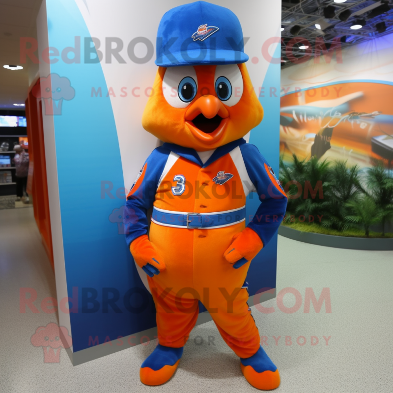 Orange Blue Jay mascot costume character dressed with a Bodysuit and Lapel pins