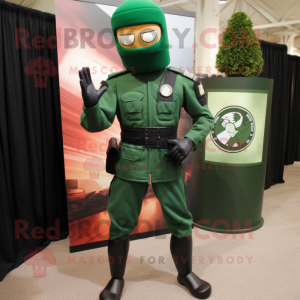 Forest Green Gi Joe mascot costume character dressed with a Sheath Dress and Lapel pins