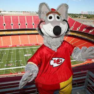 Gray wolf mascot dressed in red - Redbrokoly.com