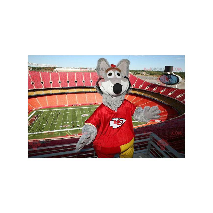 Gray wolf mascot dressed in red - Redbrokoly.com