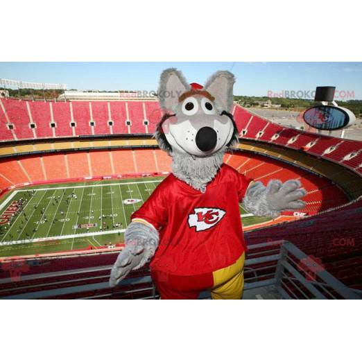 Gray wolf mascot dressed in red - Redbrokoly.com