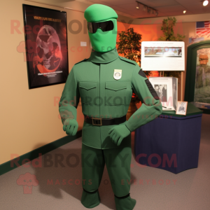 Forest Green Gi Joe mascot costume character dressed with a Sheath Dress and Lapel pins