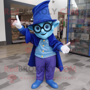 Blue Magician mascot costume character dressed with a Jeggings and Reading glasses