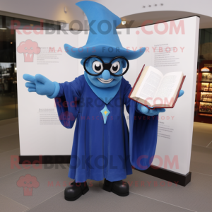 Blue Magician mascot costume character dressed with a Jeggings and Reading glasses