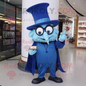 Blue Magician mascot costume character dressed with a Jeggings and Reading glasses