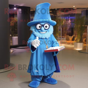 Blue Magician mascot costume character dressed with a Jeggings and Reading glasses