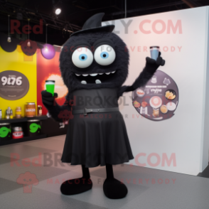 Black Cyclops mascot costume character dressed with a Cocktail Dress and Messenger bags