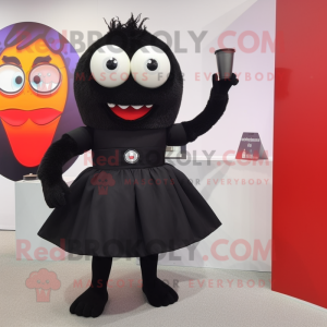 Black Cyclops mascot costume character dressed with a Cocktail Dress and Messenger bags