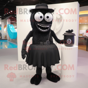 Black Cyclops mascot costume character dressed with a Cocktail Dress and Messenger bags