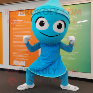 Turquoise Miso Soup mascot costume character dressed with a Yoga Pants and Headbands