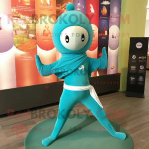 Turquoise Miso Soup mascot costume character dressed with a Yoga Pants and Headbands