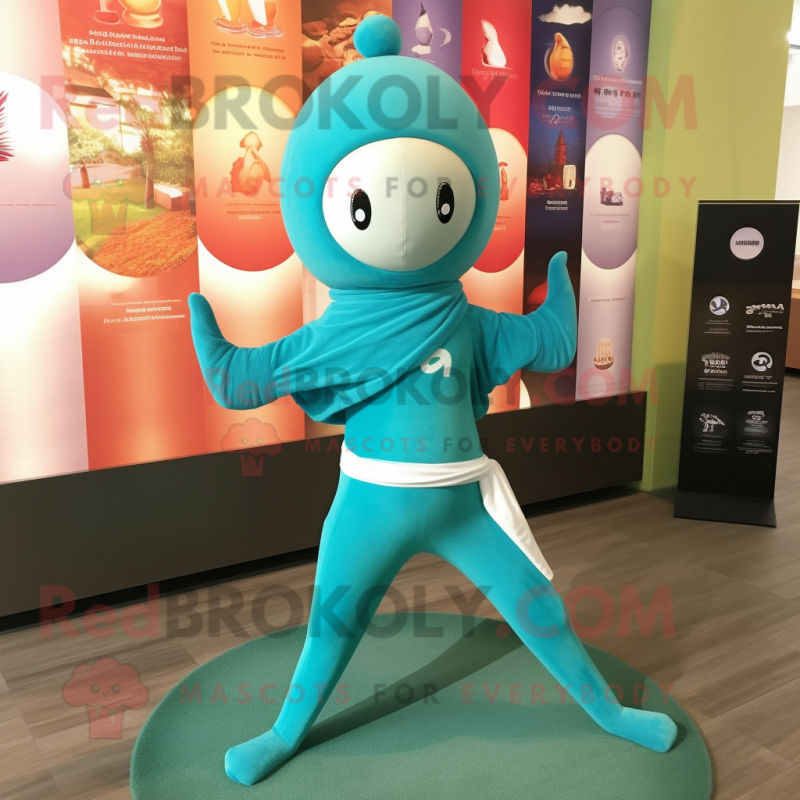 Turquoise Miso Soup mascot costume character dressed with a Yoga Pants and Headbands Turquoise Miso Soup mascot costume character dressed with a Yoga Pants and Headbands