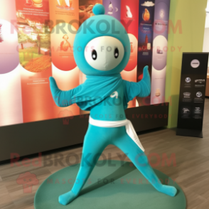 Turquoise Miso Soup mascot costume character dressed with a Yoga Pants and Headbands