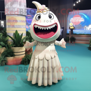 Cream Shark mascot costume character dressed with a Maxi Skirt and Hairpins