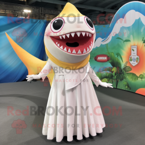 Cream Shark mascot costume character dressed with a Maxi Skirt and Hairpins