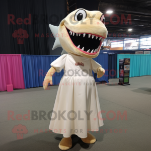 Cream Shark mascot costume character dressed with a Maxi Skirt and Hairpins