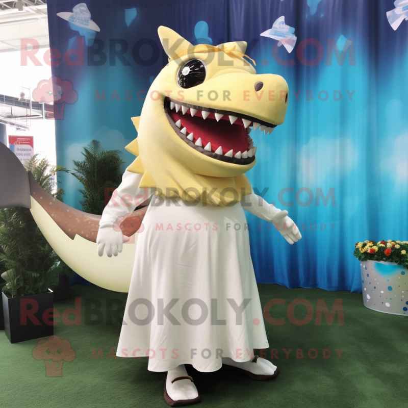 Cream Shark mascot costume character dressed with a Maxi Skirt and Hairpins