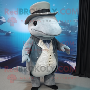 Gray Whale mascot costume character dressed with a Waistcoat and Hat pins