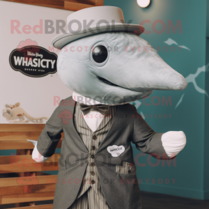 Gray Whale mascot costume character dressed with a Waistcoat and Hat pins