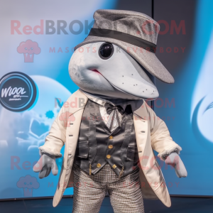 Gray Whale mascot costume character dressed with a Waistcoat and Hat pins