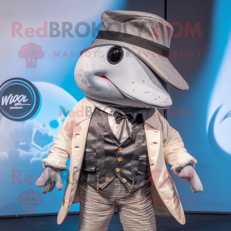 Gray Whale mascot costume character dressed with a Waistcoat and Hat pins Gray Whale mascot costume character dressed with a Waistcoat and Hat pins