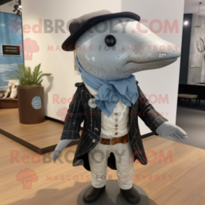 Gray Whale mascot costume character dressed with a Waistcoat and Hat pins