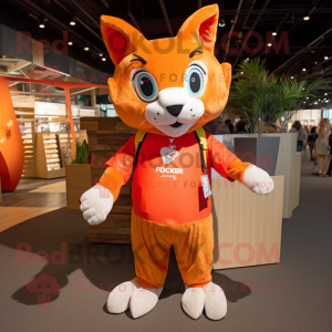 Orange Lynx mascot costume character dressed with a Jacket and Tote bags