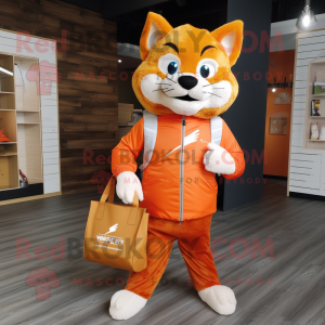 Orange Lynx mascot costume character dressed with a Jacket and Tote bags