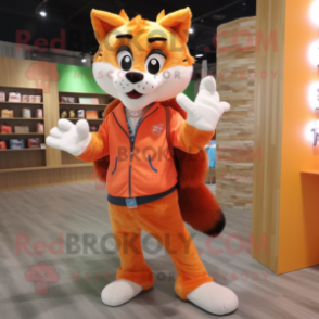 Orange Lynx mascot costume character dressed with a Jacket and Tote bags