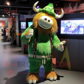 Green Yak mascot costume character dressed with a Hoodie and Shoe laces