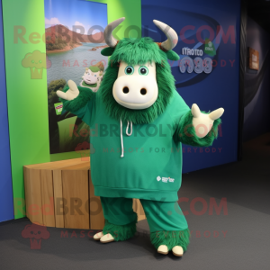 Green Yak mascot costume character dressed with a Hoodie and Shoe laces