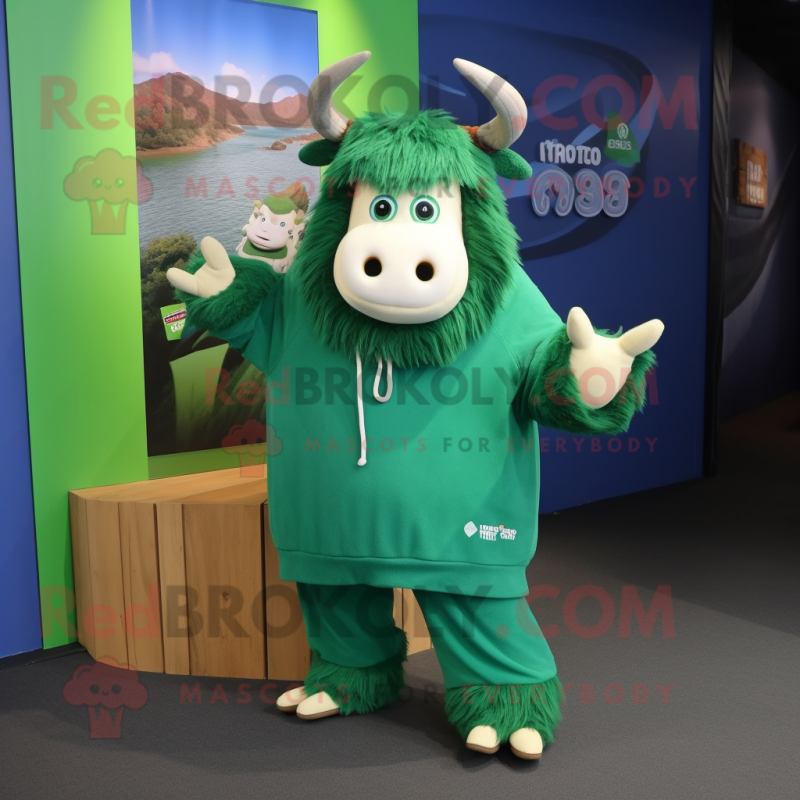 Green Yak mascot costume character dressed with a Hoodie and Shoe laces Green Yak mascot costume character dressed with a Hoodie and Shoe laces