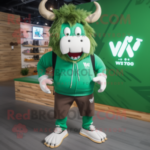 Green Yak mascot costume character dressed with a Hoodie and Shoe laces