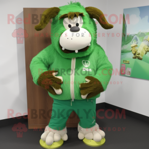 Green Yak mascot costume character dressed with a Hoodie and Shoe laces