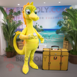 Lemon Yellow Seahorse mascot costume character dressed with a Capri Pants and Briefcases