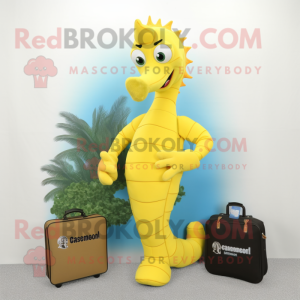 Lemon Yellow Seahorse mascot costume character dressed with a Capri Pants and Briefcases
