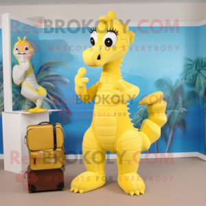 Lemon Yellow Seahorse mascot costume character dressed with a Capri Pants and Briefcases