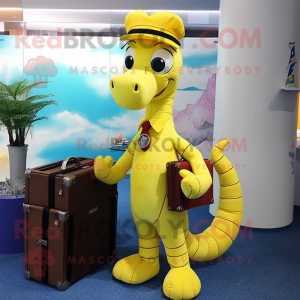 Lemon Yellow Seahorse mascot costume character dressed with a Capri Pants and Briefcases