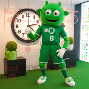 Forest Green Soccer Goal mascot costume character dressed with a Jumpsuit and Digital watches