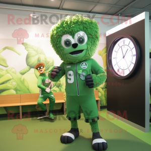 Forest Green Soccer Goal mascot costume character dressed with a Jumpsuit and Digital watches