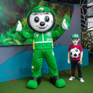 Forest Green Soccer Goal mascot costume character dressed with a Jumpsuit and Digital watches