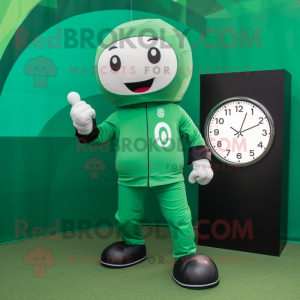 Forest Green Soccer Goal mascot costume character dressed with a Jumpsuit and Digital watches